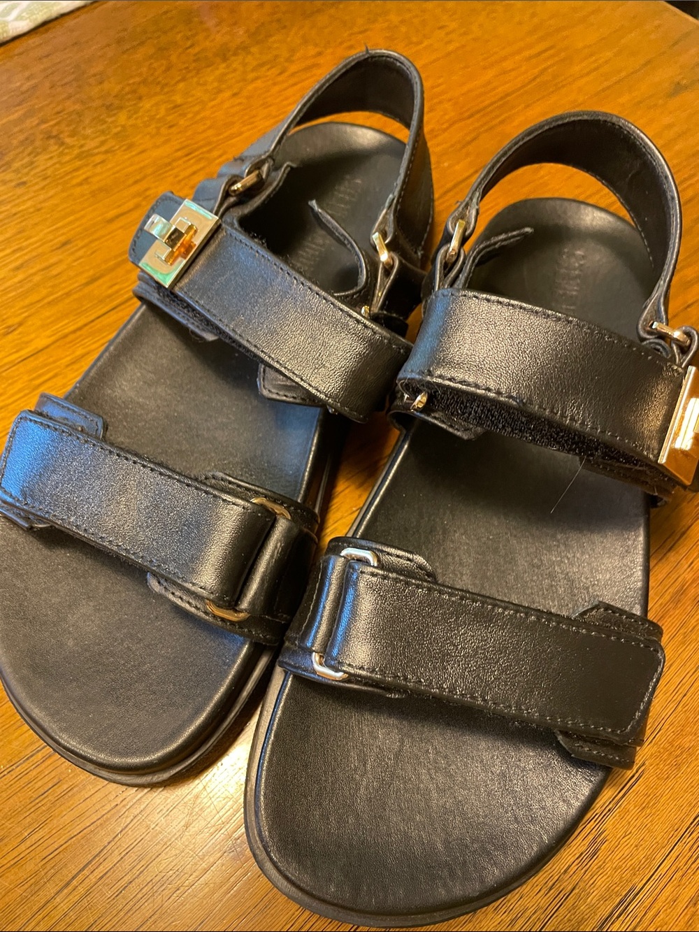 Black Leather Double-Strap Buckle Sandals